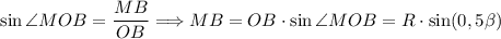 \sin \angle MOB = \dfrac{MB}{OB} \Longrightarrow MB = OB \cdot \sin \angle MOB = R \cdot \sin (0,5\beta )