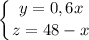 \displaystyle \left \{ {{ y = 0,6x } \atop {z = 48 - x }} \right