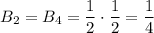 B_2=B_4=\dfrac{1}{2} \cdot\dfrac{1}{2} =\dfrac{1}{4}