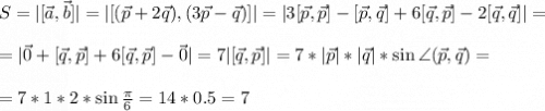 S=|[\vec{a},\vec{b}]|=| [(\vec{p}+2\vec{q}),(3\vec{p}-\vec{q})] |=|3[\vec{p},\vec{p}]-[\vec{p},\vec{q}]+6[\vec{q},\vec{p}]-2[\vec{q},\vec{q}]|= \\ \\ =|\vec{0}+[\vec{q},\vec{p}]+6[\vec{q},\vec{p}]-\vec{0}|=7|[\vec{q},\vec{p}]|=7*|\vec{p}|*|\vec{q}|*\sin \angle(\vec{p},\vec{q})= \\ \\ = 7*1*2*\sin \frac{\pi}{6}=14*0.5=7