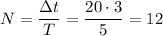 N = \dfrac{\Delta t}{T} = \dfrac{20\cdot 3}{5} = 12