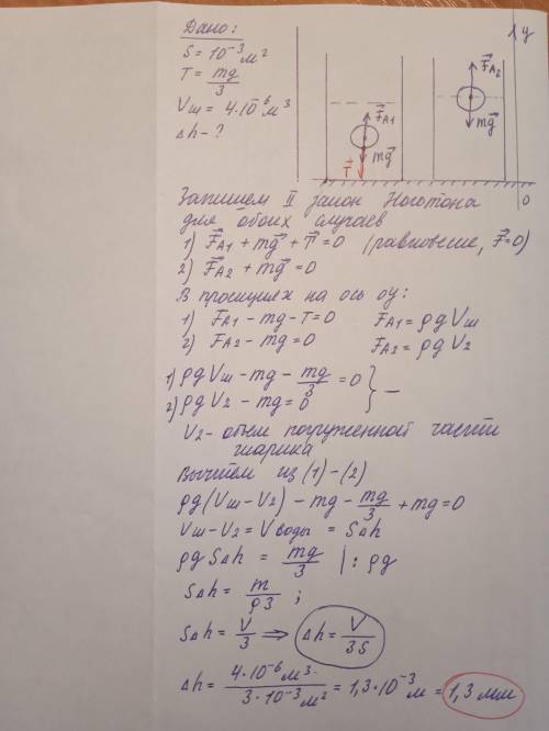 с объяснением В цилиндрическом сосуде с площадью основания S=10см² плавает шарик, прикреплённый ко д