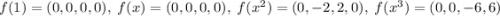 f(1) = (0,0,0,0),\; f(x) = (0,0,0,0),\;f(x^2) = (0,-2,2,0),\;f(x^3) = (0,0,-6,6)