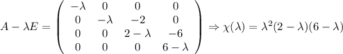 A-\lambda E =\left(\begin{array}{cccc}-\lambda&0&0&0\\0&-\lambda&-2&0\\0&0&2-\lambda&-6\\0&0&0&6-\lambda\end{array}\right) \Rightarrow \chi(\lambda) = \lambda^2(2-\lambda)(6-\lambda)