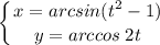 \displaystyle \left \{ {{x=arcsin(t^2-1)} \atop {y=arccos\;2t}} \right.