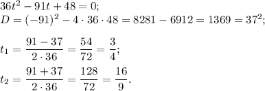 36t^{2} -91t+48=0;\\D= (-91) ^{2} -4\cdot36\cdot48= 8281- 6912=1369=37^{2} ;\\\\t{_1}= \dfrac{91-37}{2\cdot36} = \dfrac{54}{72} =\dfrac{3}{4} ;\\\\t{_2}= \dfrac{91+37}{2\cdot36} = \dfrac{128}{72} =\dfrac{16}{9} .