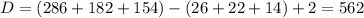 D=(286+182+154)-(26+22+14)+2=562