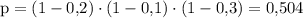 \rm p=(1-{0\mbox,2})\cdot(1-{0\mbox,1})\cdot(1-{0\mbox,3})={0\mbox,504}