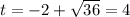 t= -2+\sqrt{36} =4