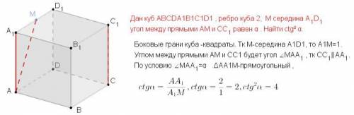 Дан куб ABCDA1B1C1D1 ребро куба 2AM медиана А1D1угол между прямыми AM и CC1 равен αНайти ctg² α