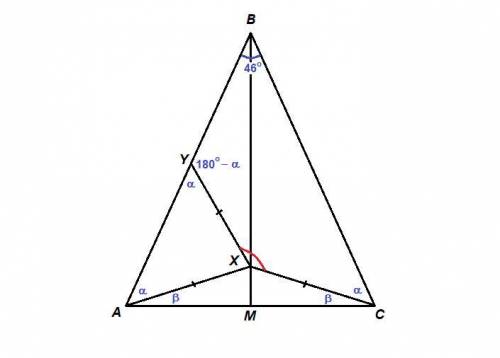 В равнобедренном треугольнике ABC (AB = BC) на медиане BM отмечена точка X. Внутри отрезка AB нашлас