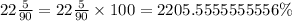 22 \frac{5}{90} = 22 \frac{5}{90} \times 100 = 2205.5555555556\%