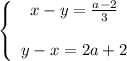 \left \{ \begin{array}{ccc} x-y=\frac{a-2}{3} \\ \\ y-x=2a+2 \end{array}\right