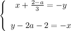 \left \{ \begin{array}{ccc} x+\frac{2-a}{3} =-y \\ \\ y-2a-2 =-x \end{array}\right