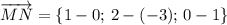 \overrightarrow{MN}=\{1-0;\,2-(-3);\,0-1\}