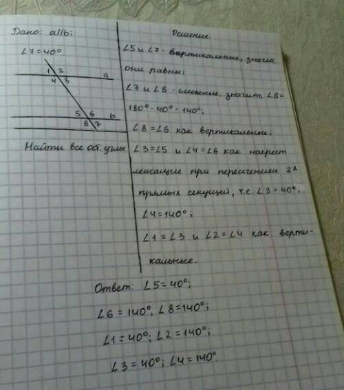 Дано а || b угол 7= 40° найти все остальные углы