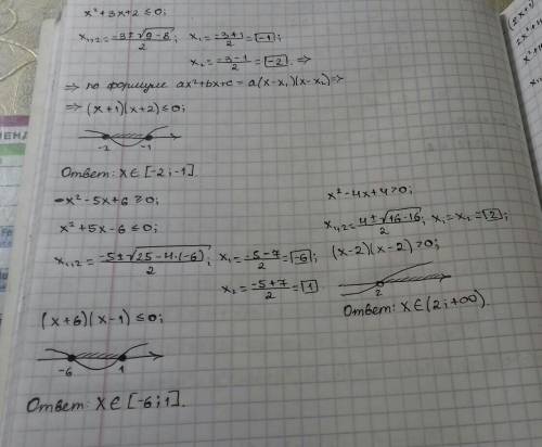 Розв'язати нерівність х² + 3х + 2 ≤ 0 -х² - 5х + 6 ≥ 0 х²-4х + 4 >0 (2х+1)² -(х+1)(х-7)≤5 2х²-3х-