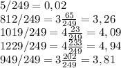 5/249=0,02\\812/249=3\frac{65}{249}=3,26 \\1019/249=4\frac{23}{249}=4,09\\1229/249=4\frac{233}{249}=4,94\\949/249=3\frac{202}{249}=3,81