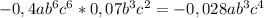 -0,4ab^6c^6*0,07b^3c^2=-0,028ab^3c^4