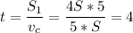 \displaystyle t=\frac{S_1}{v_c} =\frac{4S*5}{5*S} =4