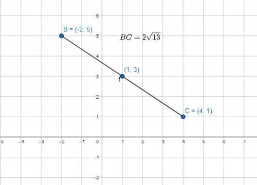 Найдите длину отрезка BC и координаты его середины если B (-2 и 5) и С (4и1)