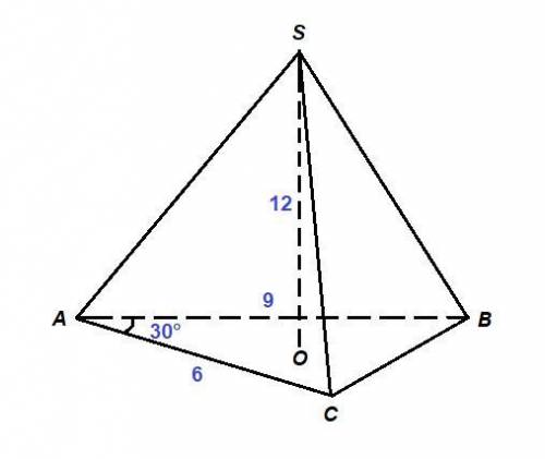 знайдіть об'єм піраміди основою якої є трикутник зі сторонами 6 і 9 см та кутом 30 градусів між ними