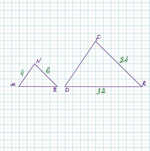 Определи коэффициент подобия треугольников ﻿MNK MNK﻿ и ﻿DFR DFR﻿ со сходными сторонами ﻿MNMN﻿ и ﻿DFD