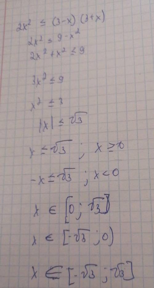 Алгебра 2x²-6<=(3-x)(3+x)