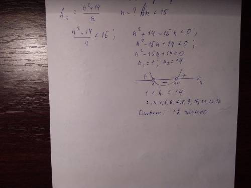 Последовательность задана формулой An=n^2+14/n (/ - дробь) Сколько членов этой последовательности ме
