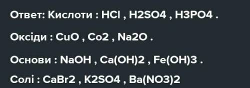 Із наведеного переліку формул випишіть окремо формули оксидів, кислот, основ і солей: CuO, KOH, HBr,