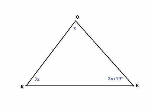 Найди углы треугольника KQR , если угол K в три раза больше угла Q , а угол R на 19° больше угла