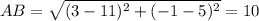 AB=\sqrt{(3-11)^2+(-1-5)^2}=10