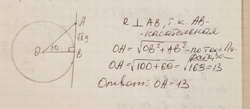 Прямая ab касается окружности с центром в точке o радиуса r в точке b. найдите oa если известно, что