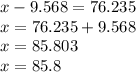 x - 9.568 = 76.235 \\ x = 76.235 + 9.568 \\ x = 85.803 \\ x = 85.8