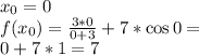 x_0=0\\f(x_0)=\frac{3*0}{0+3} +7*\cos{0}=\\0+7*1=7