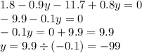 1.8 - 0.9y - 11.7 + 0.8y = 0 \\ - 9.9 - 0.1y = 0 \\ - 0.1y = 0 + 9.9 = 9.9 \\ y = 9.9 \div ( - 0.1) = - 99