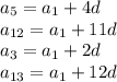 a_{5}=a_{1}+4d\\a_{12}=a_{1}+11d\\ a_{3}=a_{1}+2d\\ a_{13}=a_{1}+12d