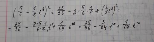 Представь квадрат двучлена в виде многочлена (5/6−1/8t^8)^2