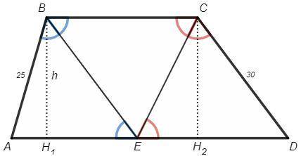 50 боковые стороны и высота трапеции соответственно равны 25 см, 30 см и 24 см. найдите площадь трап