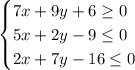 \begin{cases}7x+9y+6\geq0\\5x+2y-9\leq0\\2x+7y-16\leq0\end{cases}