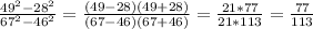 \frac{49^{2}-28^{2}}{67^{2}-46^{2}}=\frac{(49-28)(49+28)}{(67-46)(67+46)}=\frac{21*77}{21*113}=\frac{77}{113}