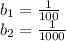 b_{1} = \frac{1}{100} \\ b_{2} = \frac{1}{1000} 