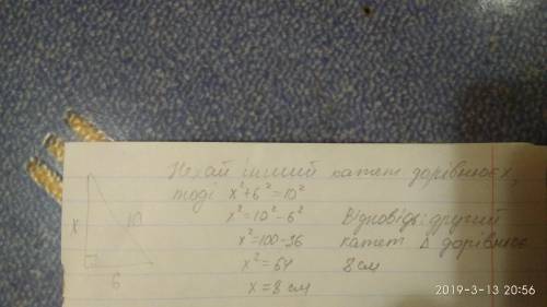 Катет і гіпотенуза прямокутного трикутника дорівнюють 6 см і 10см відповідно. знайдіть другий катет 