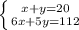 \left \{ {{x+y=20} \atop {6x+5y=112}} \right.