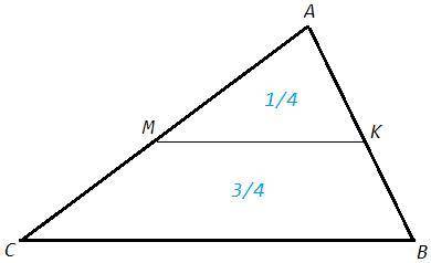 Втреугольнике abc проведена средняя линия мк где м принадлежит ac k принадлежит ab площадь четырёхуг