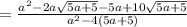  = \frac{a {}^{2} - 2a \sqrt{5a + 5} - 5a + 10 \sqrt{5a + 5} }{a {}^{2} - 4(5a + 5) } 