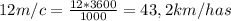 12m/c=\frac{12*3600}{1000}=43,2km/has