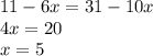 11 - 6x = 31 - 10x \\ 4x = 20 \\ x = 5