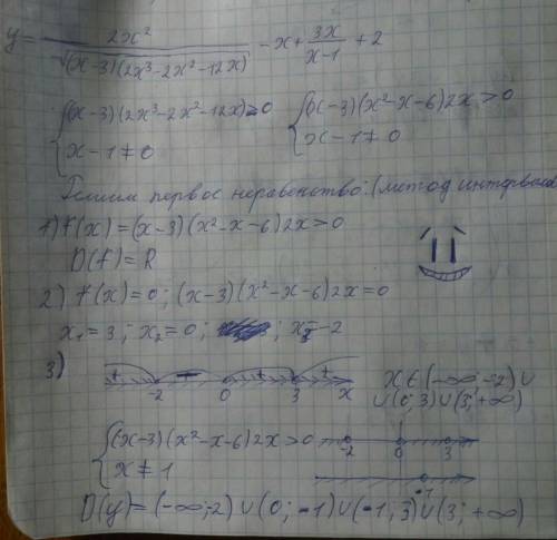 Как это решать.найдите область определения 2x^2/sqrt((x-3)*(2x^3-2x2-12x))-x+3x/(x-1)+2