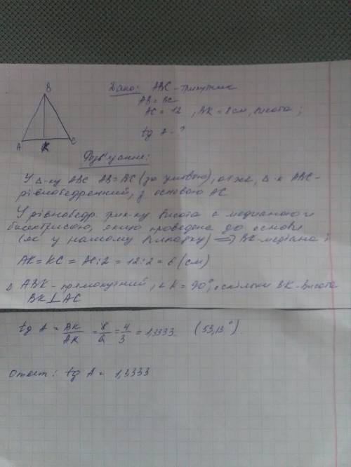 дано: трикутник авс; ав=вс, ас=12см, вк=8см-висота. знайдіть: tga-? ​